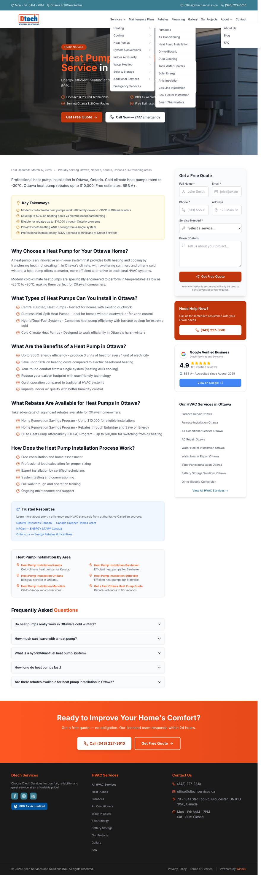 dtechservices.ca/services/heat-pumps — full page, top to bottom