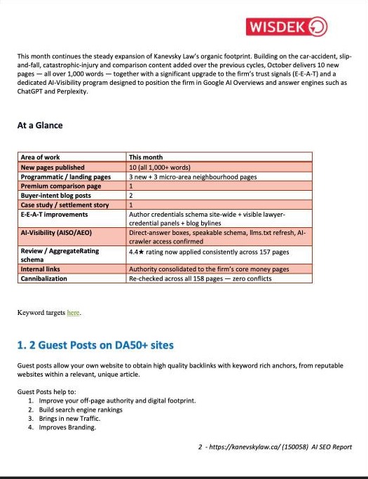 A page from a real Wisdek monthly AI SEO report